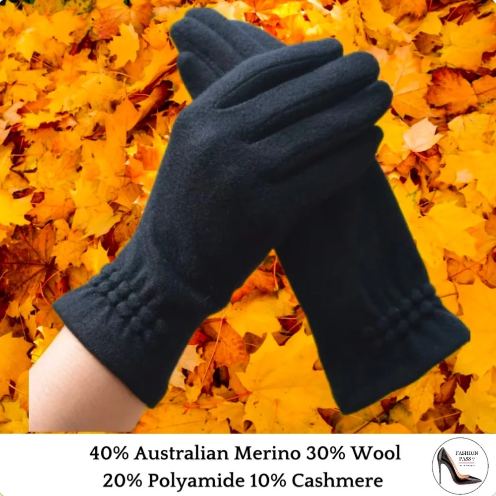 Luxury Cashmere Merino Wool Gloves Classic Black Driving Winter Warm Cozy Mitten